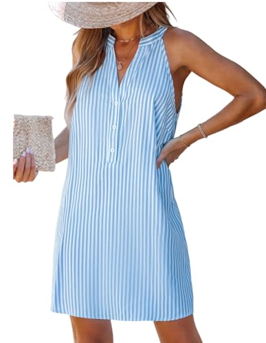 Womens Summer Dresses V Neck Sleeveless Striped Button Up Mini Casual Coverup Dress