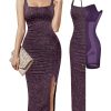 41e9OWweQWL.jpg Sparkly Cocktail Dresses for Women Tummy Control Formal Shapewear Dress Square Neck Ruched Midi Dress Side Slit