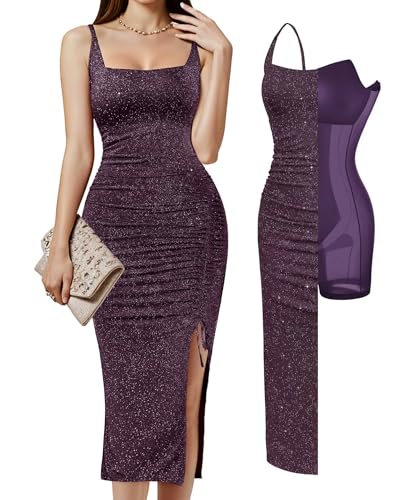 41e9OWweQWL.jpg Sparkly Cocktail Dresses for Women Tummy Control Formal Shapewear Dress Square Neck Ruched Midi Dress Side Slit