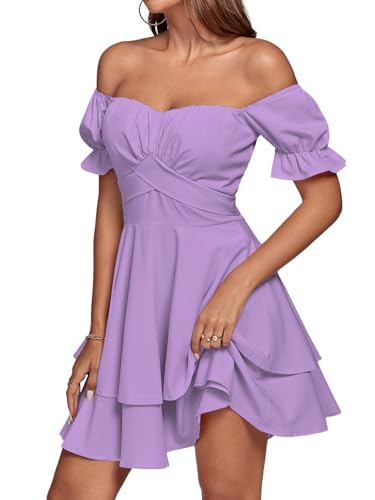 Women's Tie Back Off Shoulder Wrap Layer Ruffle Short Sleeve Mini Dress