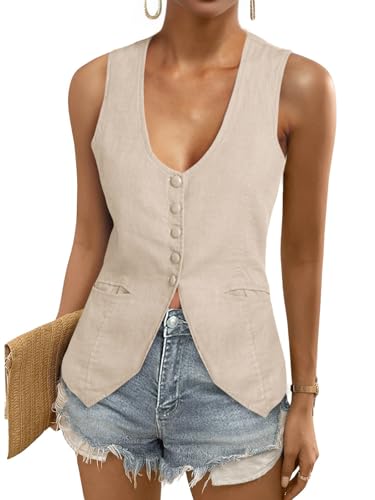 41fn0aSZQSL.jpg Womens Scoop Neck Blazer Vest Summer Linen Sleeveless Fitted Waistcoat Work Casual Cotton Suit Tops