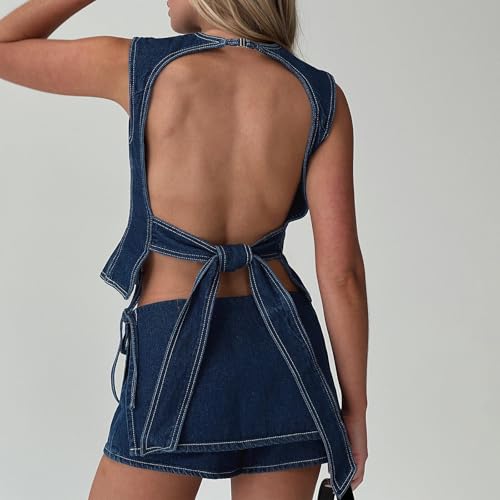 Women Sexy Backless Denim Vest Summer Sleeveless Jean Tank Top Crewneck Tie Up Back Slim Waistcoat Crop Top