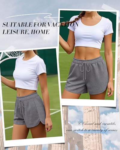 41gptHAEdGL.jpg 3 Pack Women's Waffle Knit Shorts Cotton Drawstring Lounge Summer Comfy Casual Shorts with Pockets