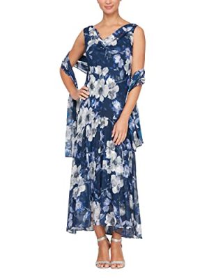 Women's Formal Sleeveless Cowl Neck Floral Print Gown with Shawl, Wedding Guest, Mother of The Bride Dress