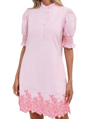 41iG-R9I1zL.jpg Women's Summer Embroidered Mini Dress Short Puff Sleeve Ruffle Collar Button Front Shift Dress