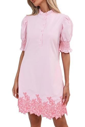 41iG-R9I1zL.jpg Women's Summer Embroidered Mini Dress Short Puff Sleeve Ruffle Collar Button Front Shift Dress