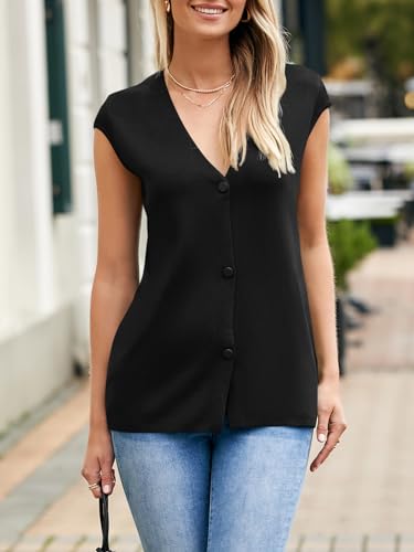 41k7LupA0hL.jpg Womens Deep V Neck Sweater Vest Sleeveless Knit Button Up Loose Fit Cap Sleeve Trendy Summer Tops