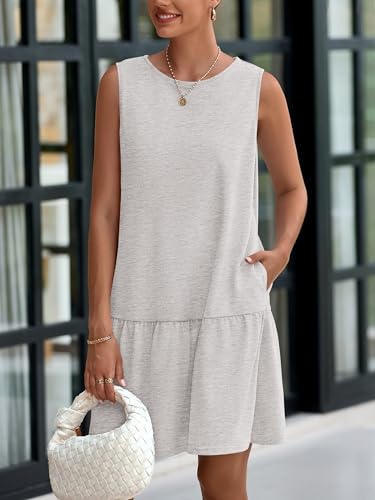 Casual Short Summer Dresses for Women 2025 Sleeveless Crewneck Cute Ruffle Loose Vacation Mini Tshirt Dress