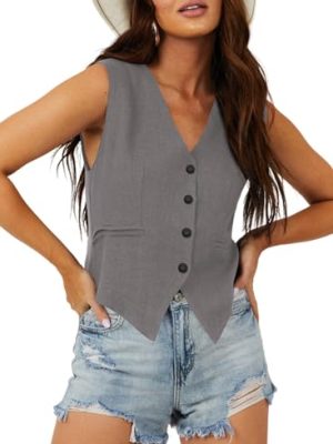 Womens Vest Dressy Casual V-Neck Button-Down Lined Suit Jacket Waistcoat Versatile Vests