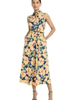 41kNkmUXPQL.jpg Women's Button Front Sleeveless Midi Length Belted Pockets-Collared Neck-Summer Wedding Guest Dress