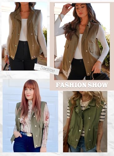Womens Vests 2025 Fall Outerwear Button-Down Lapel Collar Elastic Hem Sleeveless Jacket Cargo Vest