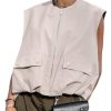 41lUXrlk0cL.jpg Women's Casual Zip Up Vest Cargo Ruched Hem Lightweight Sleeveless Blazer Oversized Jackets Top with Pockets