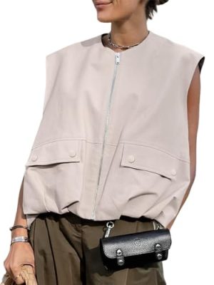 Women's Casual Zip Up Vest Cargo Ruched Hem Lightweight Sleeveless Blazer Oversized Jackets Top with Pockets