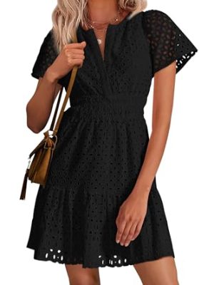 41m6xkspY8L.jpg 2025 Women Summer Short Dress V Neck Short Sleeve A Line Hollow Out Lace Ruffle Cute Casual Beach Party Dresses