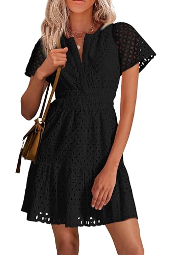 41m6xkspY8L.jpg 2025 Women Summer Short Dress V Neck Short Sleeve A Line Hollow Out Lace Ruffle Cute Casual Beach Party Dresses