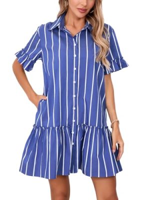 41mek0lYcEL.jpg Women's Cotton Linen Ruffle Mini Dress Short Sleeve Button Down Drop Waist Tunic Shirt Dress
