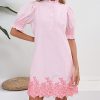 41msaXiKg4L.jpg Women's Summer Embroidered Mini Dress Short Puff Sleeve Ruffle Collar Button Front Shift Dress