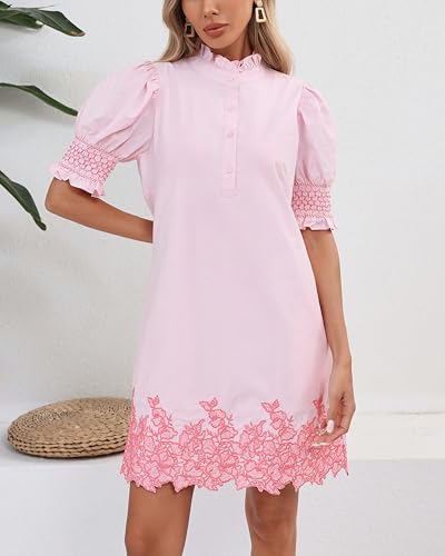 41msaXiKg4L.jpg Women's Summer Embroidered Mini Dress Short Puff Sleeve Ruffle Collar Button Front Shift Dress
