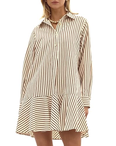 41mudfFjTwL.jpg Womens Striped Shirt Mini Dress Long Sleeve Collared Ruffle Hem Button Up Tunic Flowy Swing Dresses