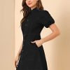 Women's Denim Dress Button Down Pockets Puff Sleeve Collared Jean Dresses