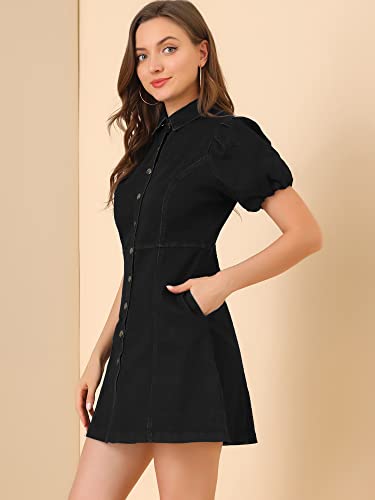 Women's Denim Dress Button Down Pockets Puff Sleeve Collared Jean Dresses