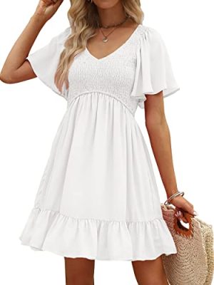 41njmGVVxVL.jpg Women's Flowy Casual Mini Dresses 2025 Summer Graduation Smocked V Neck Vacation Dress Dress with Pockets