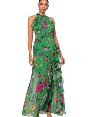 41nrSkQZjrL.jpg Women's Sleeveless Halter Neck Long Chiffon Floral Ruffle Dress