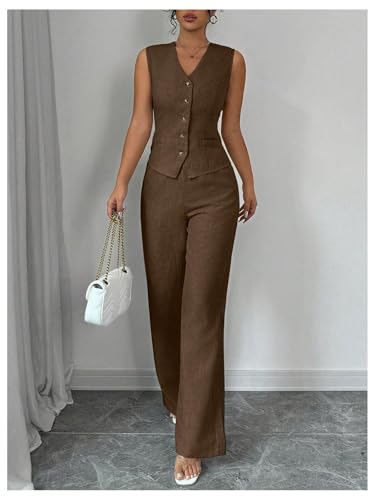 Women's 2 Piece Outfits V Neck Button Down Vest Tops and High Waisted Pants Set Office Work Suit