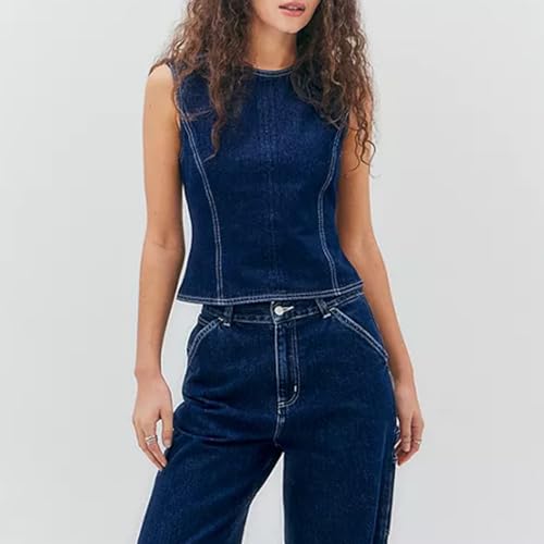 Women Sexy Backless Denim Vest Summer Sleeveless Jean Tank Top Crewneck Tie Up Back Slim Waistcoat Crop Top