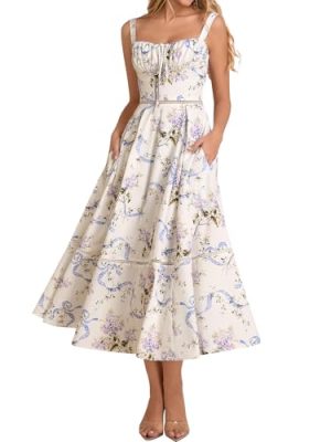 Floral Corset Midi Dress Lace Up Cutout Flowy Summer Wedding Guest Dresses for Women Sundress with Pockets