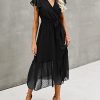 41oPCX3mAoL.jpg Women Summer Bohemian Floral Casual Wrap V Neck Ruffle Cap Sleeveless Belt A-Line Pleated Hem Midi Sun Dress White