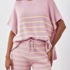 Women's Striped 2 Piece Outfits Oversized Batwing Short Sleeve Tops High Waisted Shorts Summer Knit Lounge Short Sets