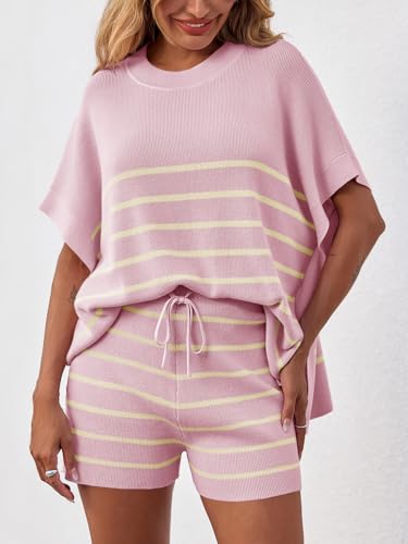 Women's Striped 2 Piece Outfits Oversized Batwing Short Sleeve Tops High Waisted Shorts Summer Knit Lounge Short Sets