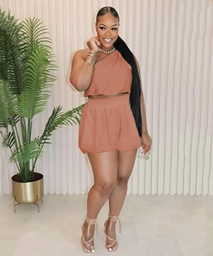 41oh3jJOvL.jpg Womens 2 Piece Outfits Summer Short Sets Matching Off Shoulder Top Waist Shorts With Pocket Casual Outfits