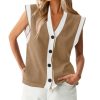 Womens V Neck Sweater Vest Button Down Cap Sleeve Summer Trendy Color Block Loose Knit Tank Tops