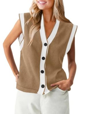 Womens V Neck Sweater Vest Button Down Cap Sleeve Summer Trendy Color Block Loose Knit Tank Tops