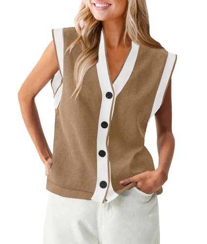 Womens V Neck Sweater Vest Button Down Cap Sleeve Summer Trendy Color Block Loose Knit Tank Tops