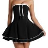 Women Summer Strapless Off The Shoulder Corset Mini Dress A-Line Pleated Tiered Fit and Flare Bow Tie Graduation Dress