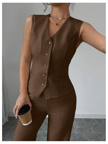 Women's 2 Piece Outfits V Neck Button Down Vest Tops and High Waisted Pants Set Office Work Suit