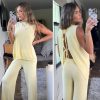 Women's 2 Piece Lounge Set Bow Sweater Vest Wide Leg Pants Summer Matching Sets Travel Outfits Knit Tracksuit Sweatsuit