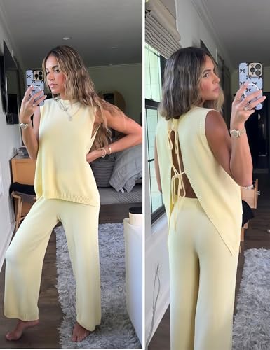 Women's 2 Piece Lounge Set Bow Sweater Vest Wide Leg Pants Summer Matching Sets Travel Outfits Knit Tracksuit Sweatsuit