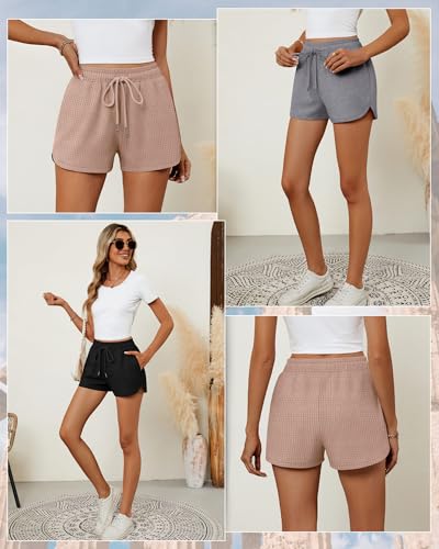 41qNMhVewpL.jpg 3 Pack Women's Waffle Knit Shorts Cotton Drawstring Lounge Summer Comfy Casual Shorts with Pockets