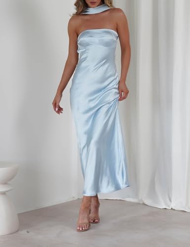 41qRsfJ5gL.jpg Women's Summer Satin Strapless Tube Top Maxi Dress Elegant Silk Backless Halter Neck Formal Party Dresses Wedding Guest