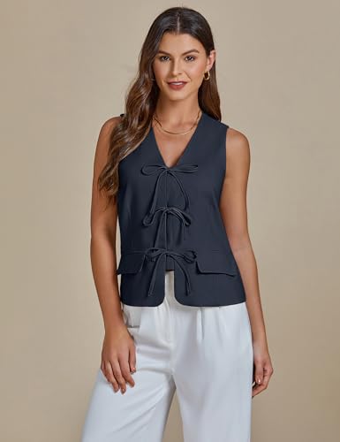 41qYpcFxLSL.jpg Linen Vest for Women Trendy Sleeveless Tie Front Tops Summer Casual Top Waistcoat Suit Vests with Pockets