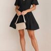 Women Mini Dress Short Puff Sleeve Sexy V Neck Dress A-line Elastic High Waisted Casual Flowy Summer Dresses