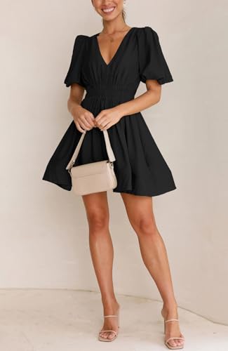 Women Mini Dress Short Puff Sleeve Sexy V Neck Dress A-line Elastic High Waisted Casual Flowy Summer Dresses