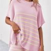 Women's Striped 2 Piece Outfits Oversized Batwing Short Sleeve Tops High Waisted Shorts Summer Knit Lounge Short Sets