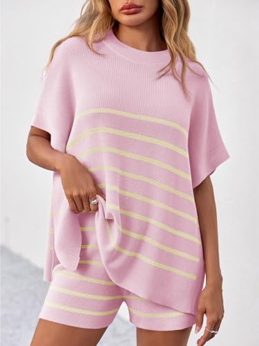 Women's Striped 2 Piece Outfits Oversized Batwing Short Sleeve Tops High Waisted Shorts Summer Knit Lounge Short Sets