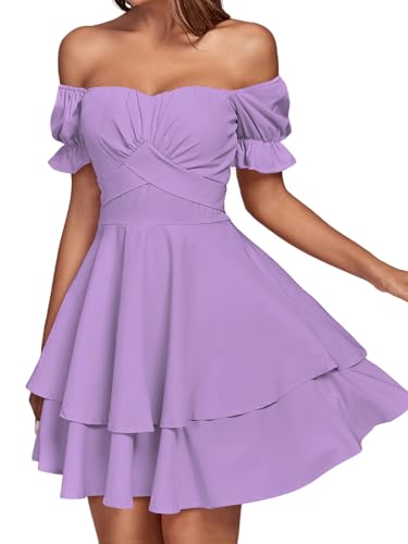 Women's Tie Back Off Shoulder Wrap Layer Ruffle Short Sleeve Mini Dress