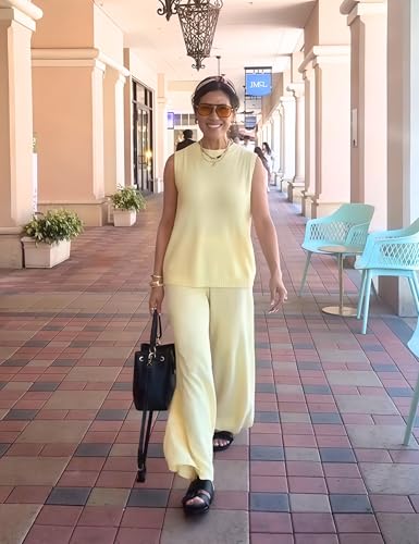 Women's 2 Piece Lounge Set Bow Sweater Vest Wide Leg Pants Summer Matching Sets Travel Outfits Knit Tracksuit Sweatsuit